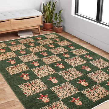 handmade Transitional Kafkaz Chobi Ziegler Green Tan Hand Knotted RECTANGLE 100% WOOL area rug 6 x 9